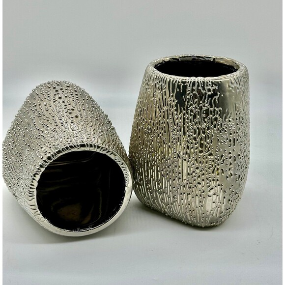 Set of 2 Silver Metallic Ceramic Pot Planter Vase - Picture 3 of 6